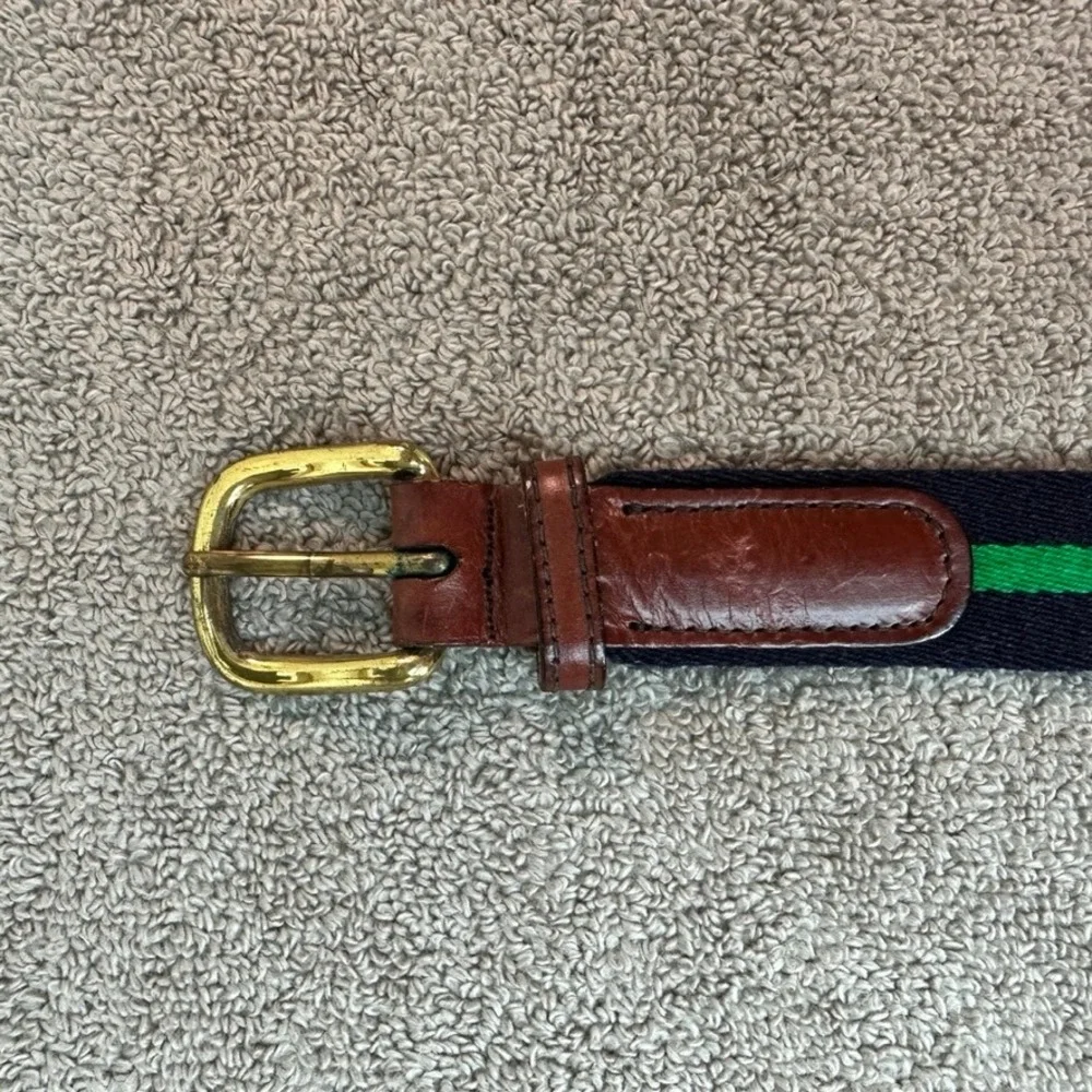 Canterbury Men Navy Green Striped Wool Leather Surcingle Belt Brass Buckle 34